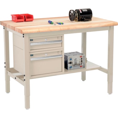 Global Industrial 48inW x 30inD Production Workbench, Maple Safety Edge, Drawers & Shelf, Tan 319278TN